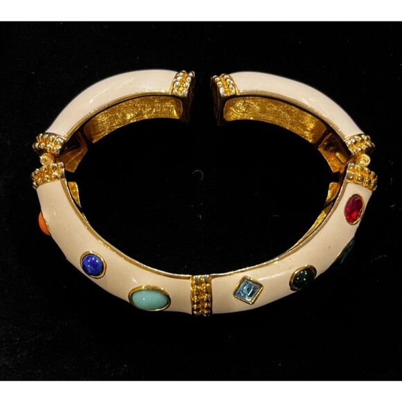 Signed KJL  Kenneth Jay Lane Ivory White Enamel MultiGem Cabochon Bangle Book Pc - Picture 4 of 11